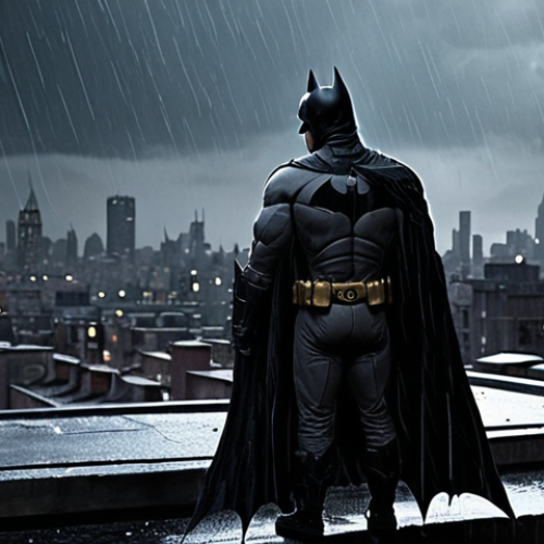 Home 4 Batman's Burden**
* **Prompt:** A dramatic, shadowy image of Batman standing on a Gotham City rooftop, overlooking the sprawling, crime-ridden cityscape. Rain is falling. He appears weary, burdened by the weight of his responsibility. Focus on the cape and cowl, conveying a sense of both power and isolation. The overall mood is dark and melancholic.
**