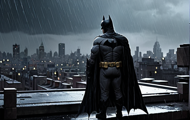Batman's Burden**
* **Prompt:** A dramatic, shadowy image of Batman standing on a Gotham City rooftop, overlooking the sprawling, crime-ridden cityscape. Rain is falling. He appears weary, burdened by the weight of his responsibility. Focus on the cape and cowl, conveying a sense of both power and isolation. The overall mood is dark and melancholic.
**