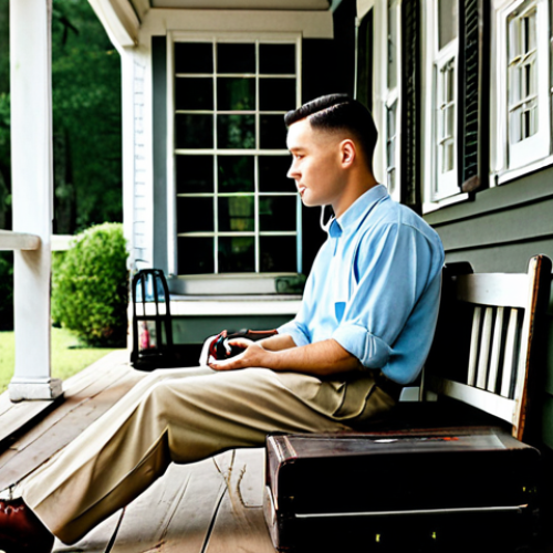 Home 20 A heartwarming scene depicting young Forrest Gump during his childhood in Alabama. He is sitting on the porch of a modest Southern home, fully clothed in period-appropriate attire. In the background, a vintage record player plays Patti Page's "Hush, Hush, Sweet Charlotte". The atmosphere is nostalgic and innocent. safe for work, appropriate content, family-friendly, professional photography, perfect anatomy, natural proportions.