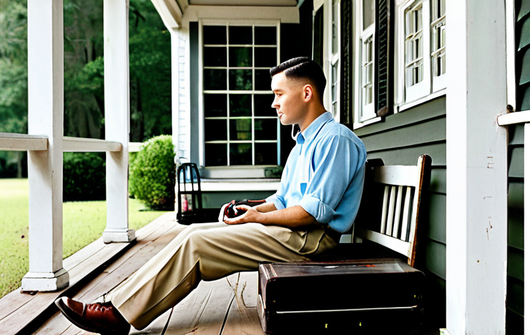 A heartwarming scene depicting young Forrest Gump during his childhood in Alabama. He is sitting on the porch of a modest Southern home, fully clothed in period-appropriate attire. In the background, a vintage record player plays Patti Page's "Hush, Hush, Sweet Charlotte". The atmosphere is nostalgic and innocent. safe for work, appropriate content, family-friendly, professional photography, perfect anatomy, natural proportions.