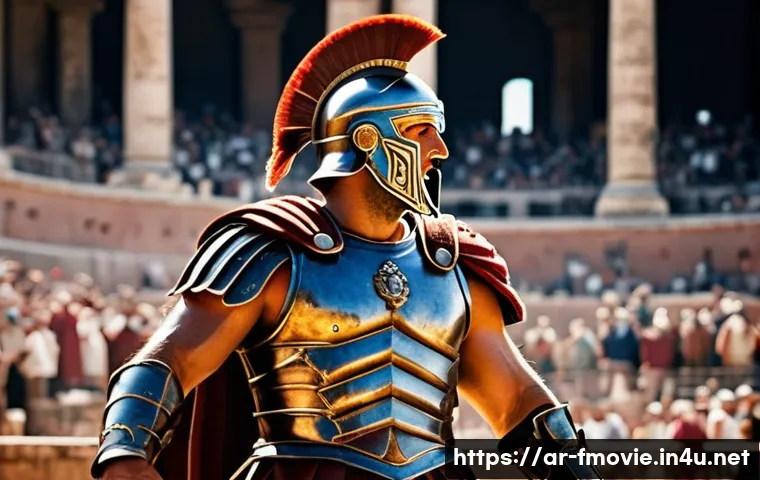 글래디에이터 명장면 - A powerful and determined Roman general, now a gladiator, stands triumphant in the grand Colosseum a...