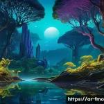 아바타 영화 소개 - **Prompt:** A majestic, wide-angle shot capturing the heart of Pandora's bioluminescent forest at tw...