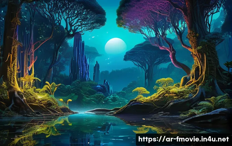 아바타 영화 소개 - **Prompt:** A majestic, wide-angle shot capturing the heart of Pandora's bioluminescent forest at tw...