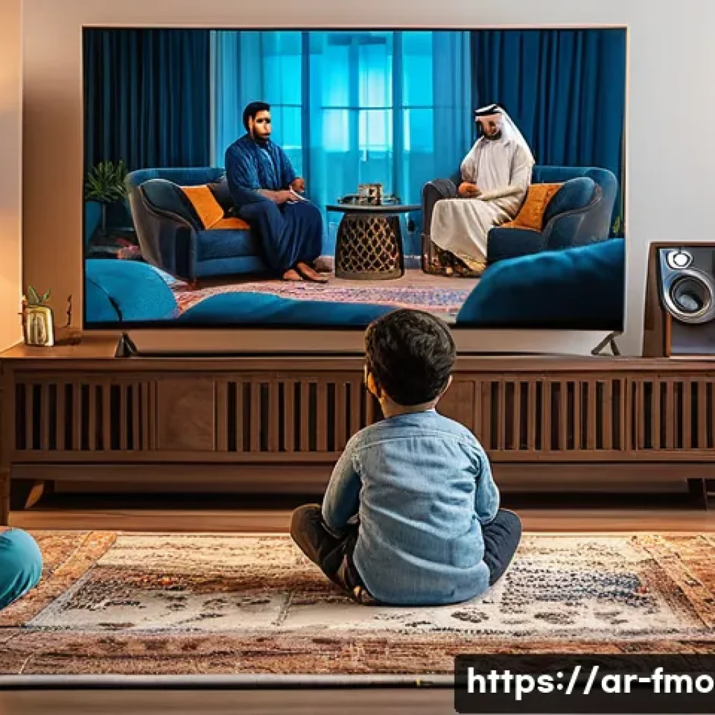 인셉션 OTT 시청법 - A cozy living room scene in a modern Middle Eastern home during the evening, showing an Arab family ...