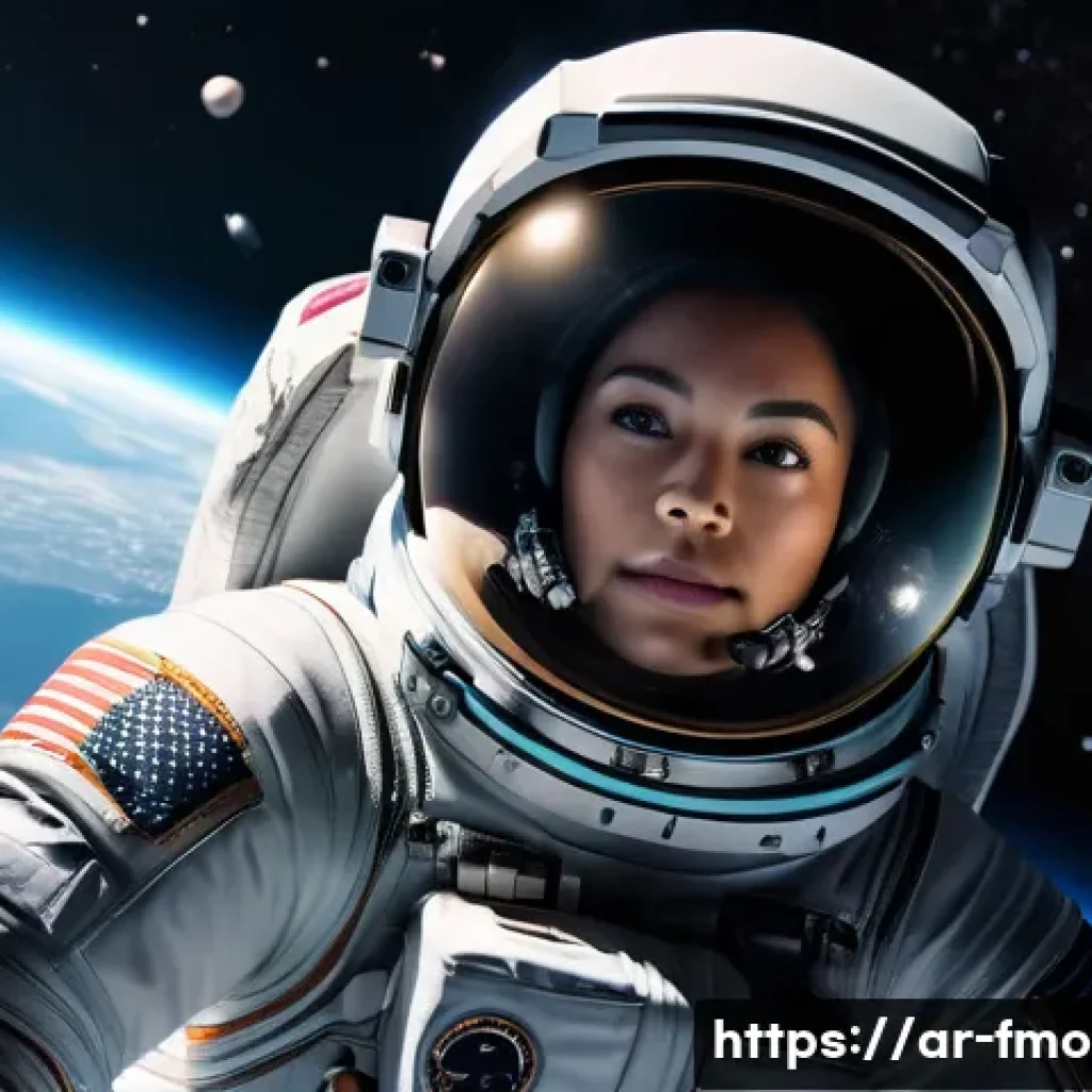 그래비티 영화 평점 - A hyper-realistic 3D scene of an astronaut woman in a sleek spacesuit floating effortlessly in outer...