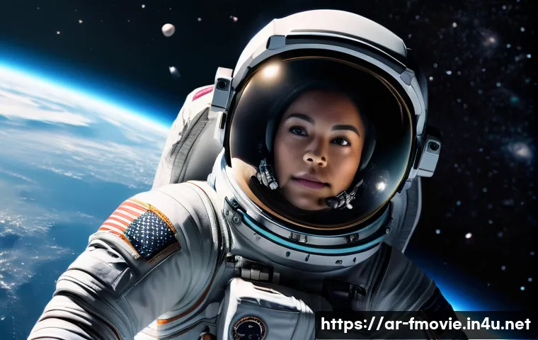 그래비티 영화 평점 - A hyper-realistic 3D scene of an astronaut woman in a sleek spacesuit floating effortlessly in outer...