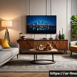셜록 홈즈 OTT 스트리밍 정보 - A cozy modern living room scene set in an Arab household, featuring a smart TV screen displaying She...