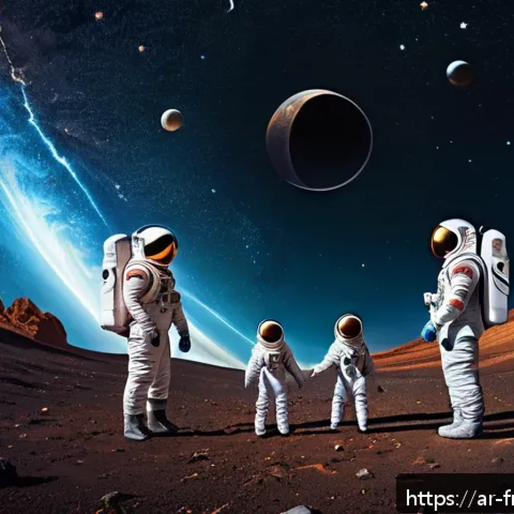인터스텔라 관객 반응 - A breathtaking cosmic scene showing a family in space suits exploring near a massive, realistic blac...