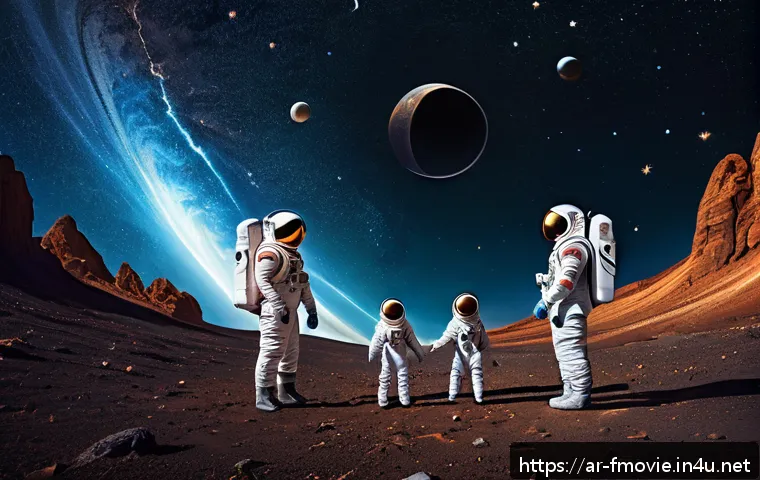인터스텔라 관객 반응 - A breathtaking cosmic scene showing a family in space suits exploring near a massive, realistic blac...