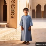 포레스트 검프 영화 평론 - A heartfelt scene depicting a young boy with physical challenges, wearing a simple traditional Arabi...