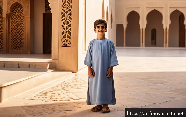 포레스트 검프 영화 평론 - A heartfelt scene depicting a young boy with physical challenges, wearing a simple traditional Arabi...