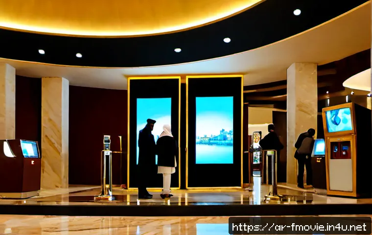 셜록 홈즈 상영관 정보 - Photorealistic modern cinema lobby in an upscale Arab city, a Middle Eastern family checking a large...