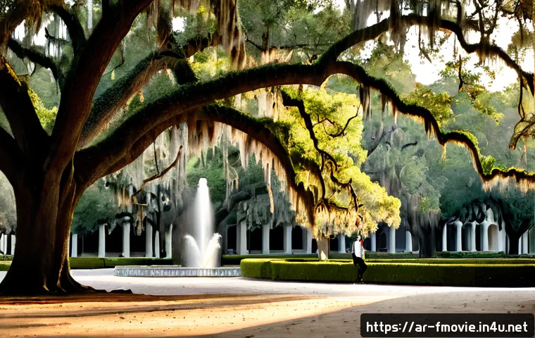 포레스트 검프 촬영 장소 - Photorealistic travel scene inspired by a famous Southern film location, a peaceful historic square ...